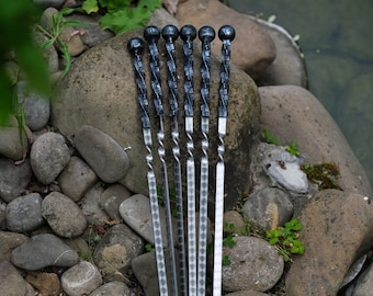 Handmade Forged Steel BBQ Skewers Set of 6: Camping Grill Kebab Skewers