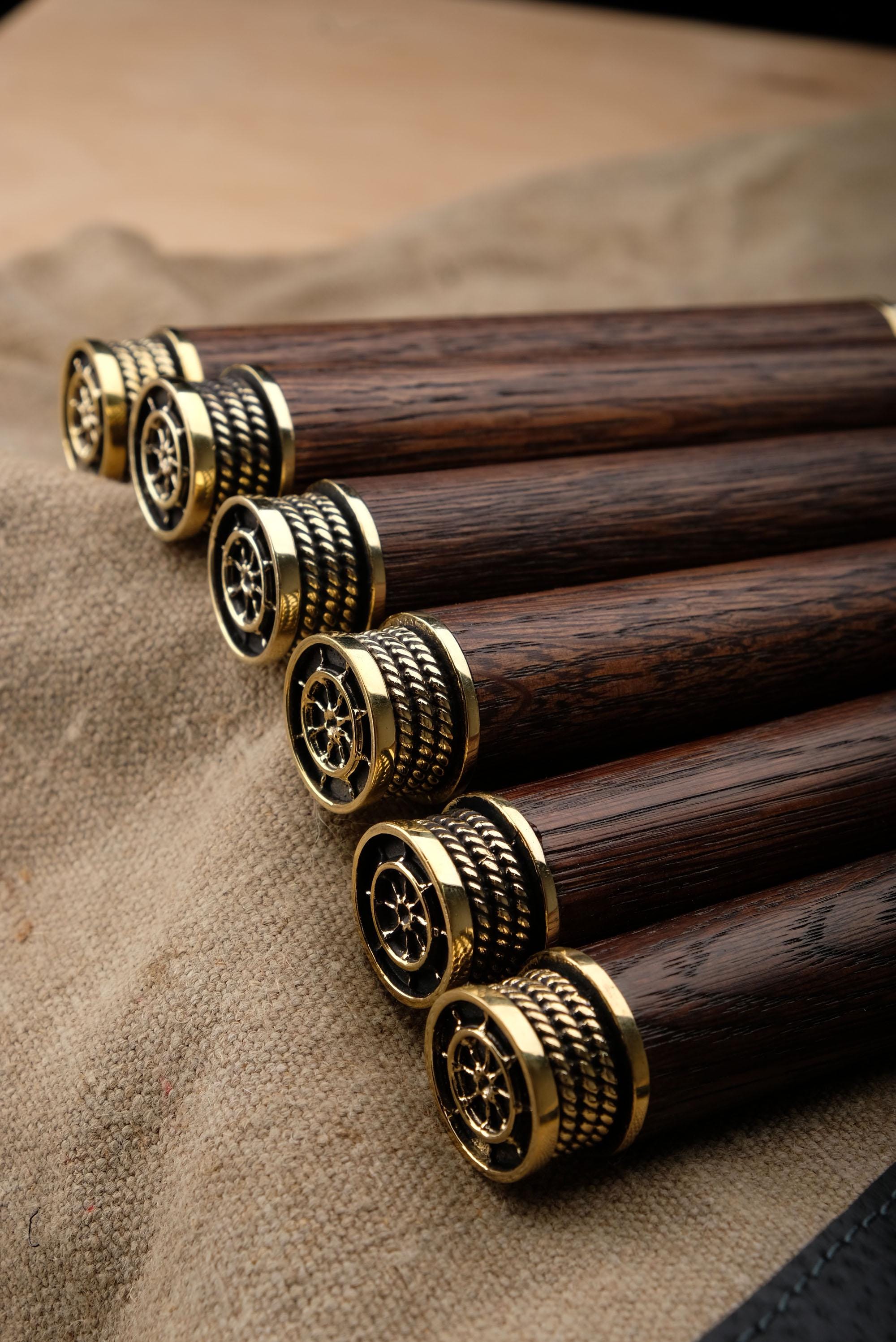 Handmade BBQ Skewers Set of 6 – Oak Handles, Bronze Nautical Accents, Leather Case, 29.5” Long