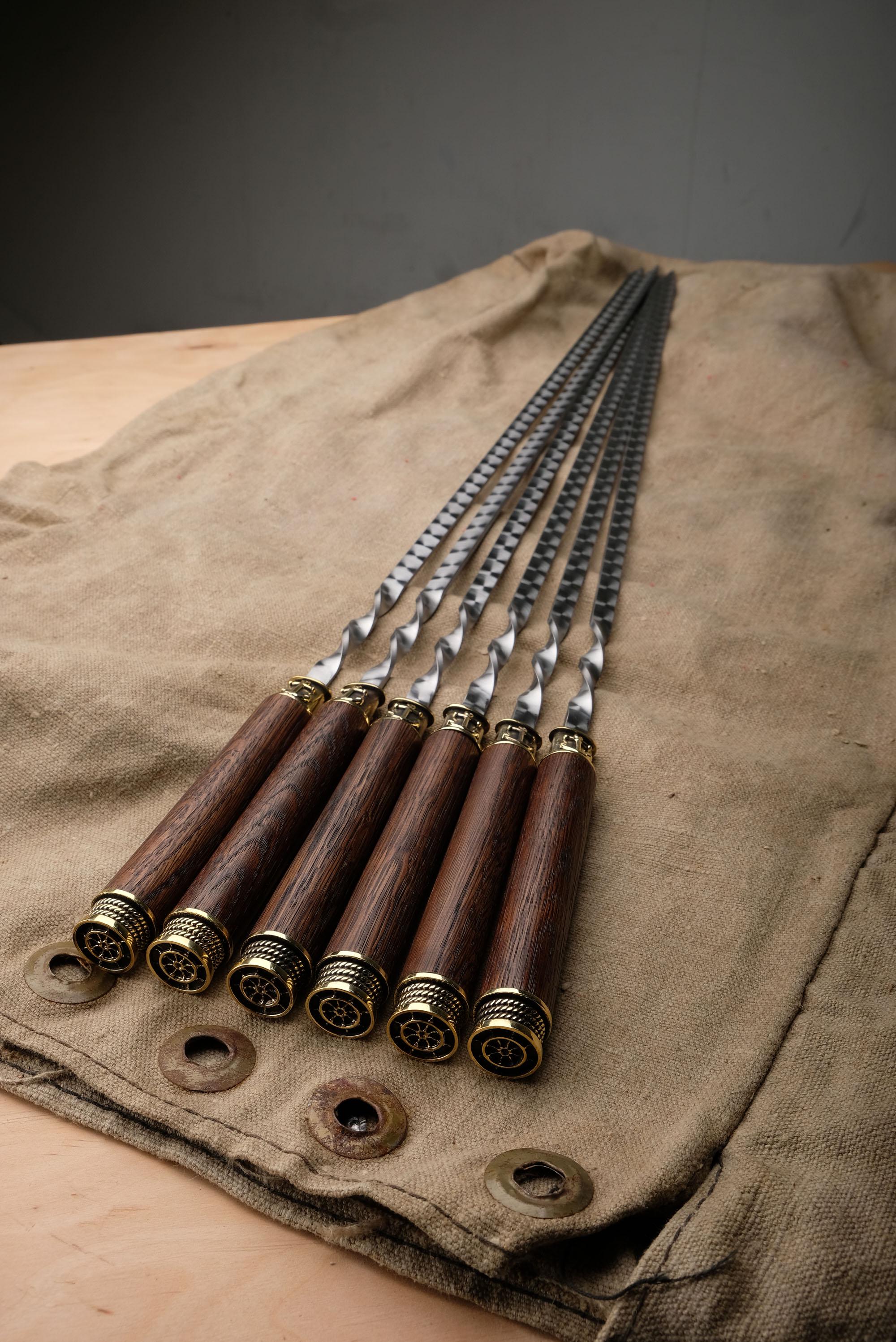 Handmade BBQ Skewers Set of 6 – Oak Handles, Bronze Nautical Accents, Leather Case, 29.5” Long