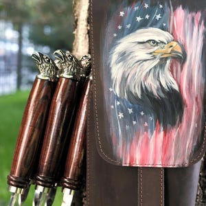 Handmade BBQ Skewer Set: Stainless Steel, Bronze Eagle, Leather Case