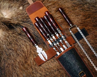 Handmade Stainless Steel Skewers Set with Wooden Handles and Leather-Wool Case