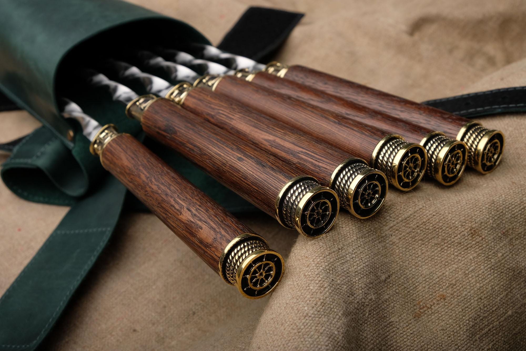 Handmade BBQ Skewers Set of 6 – Oak Handles, Bronze Nautical Accents, Leather Case, 29.5” Long