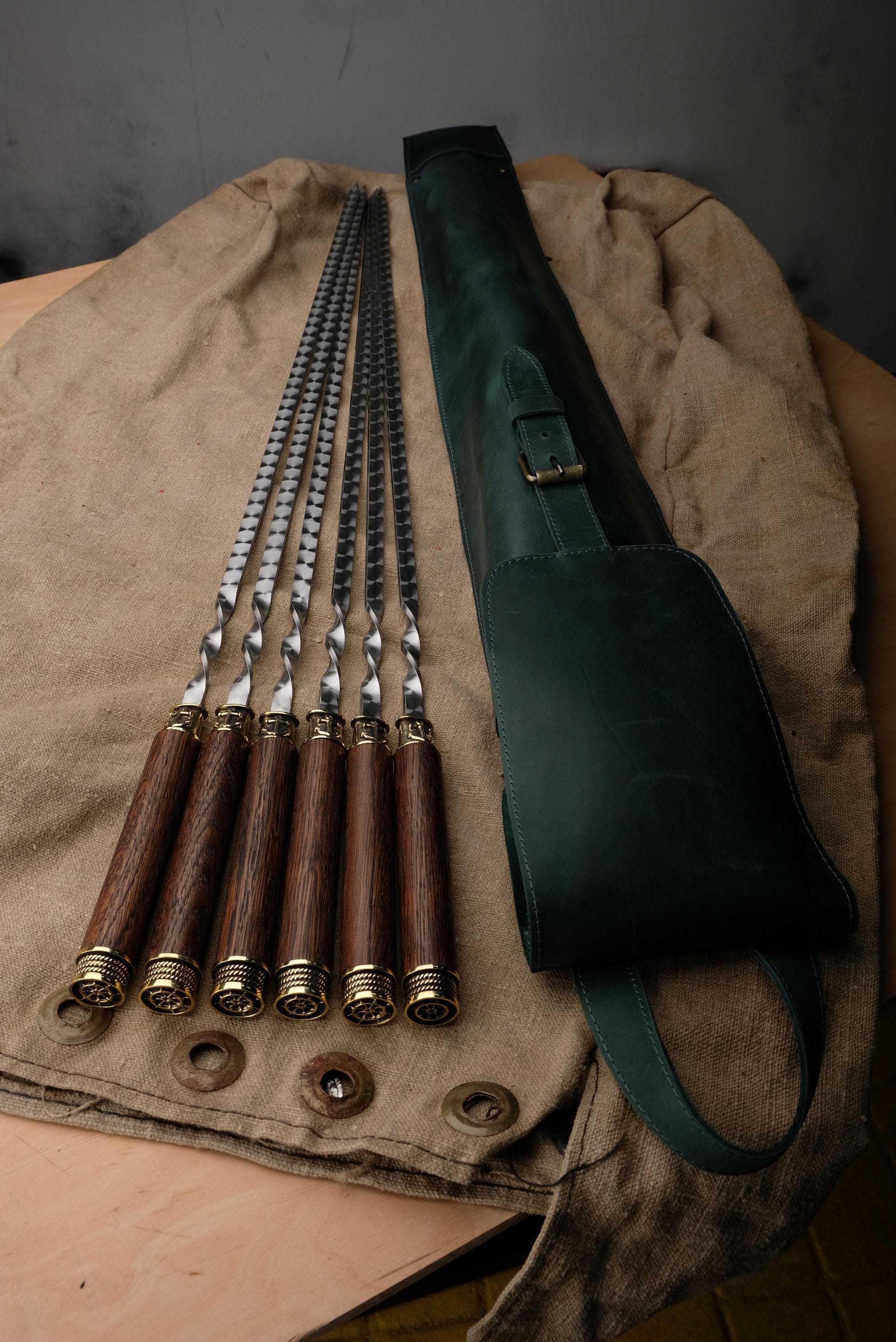 Handmade BBQ Skewers Set of 6 – Oak Handles, Bronze Nautical Accents, Leather Case, 29.5” Long