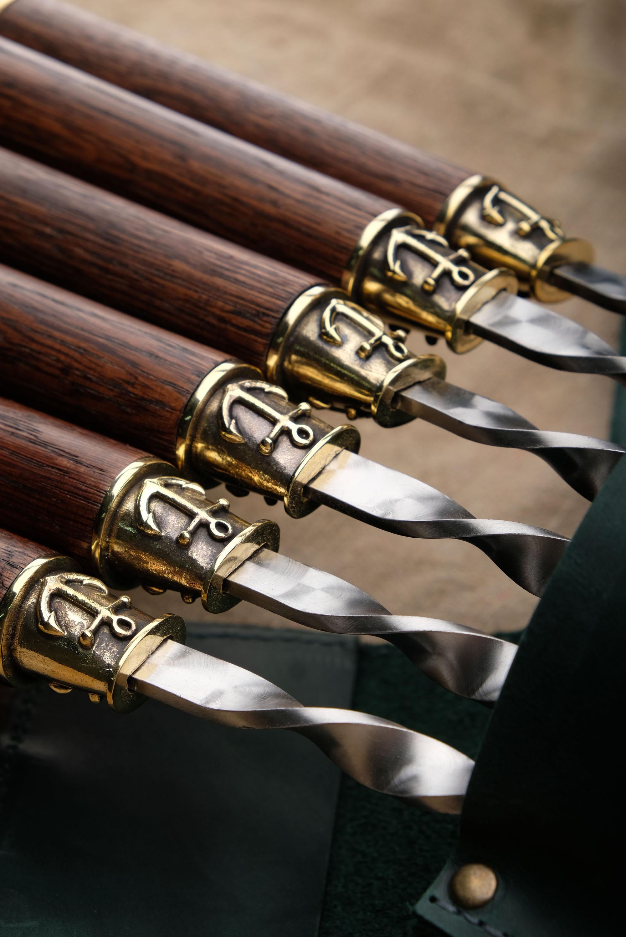 Handmade BBQ Skewers Set of 6 – Oak Handles, Bronze Nautical Accents, Leather Case, 29.5” Long