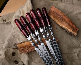 Set of 6 Extra Long Stainless Steel BBQ Skewers with Ash Wood Handle