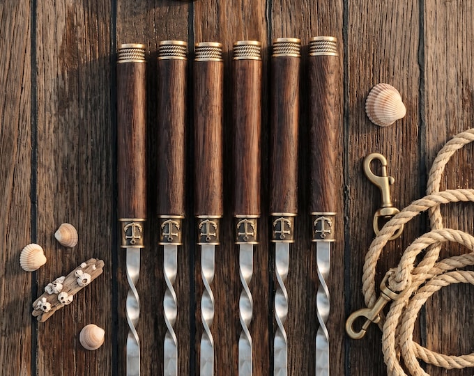 Handmade BBQ Skewer Set: Oak Handles, Bronze Nautical Accents, Leather Case