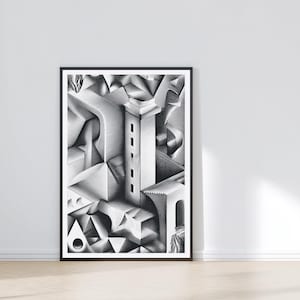 Arte arquitectónico abstracto con sellos / Geométrico imprimible en blanco y negro / Póster minimalista surrealista / Descarga digital
