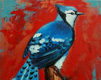 Blue jay #38 -  12x12 inch portrait original bird oil painting by Roz