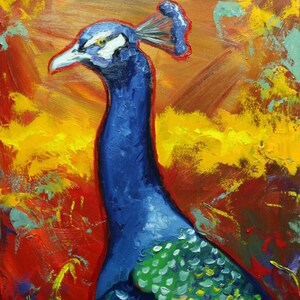 May include: A blue and green peacock with a long neck and a colorful tail. The peacock is painted in a stylized manner with bold strokes of color. The background is a vibrant mix of red, yellow, and green.