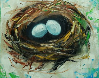 Nest painting 353 12x12 inch original bird nest portrait oil painting by Roz