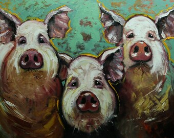 Cochons peignant 32 30 x 40 pouces peinture à l'huile originale par Roz