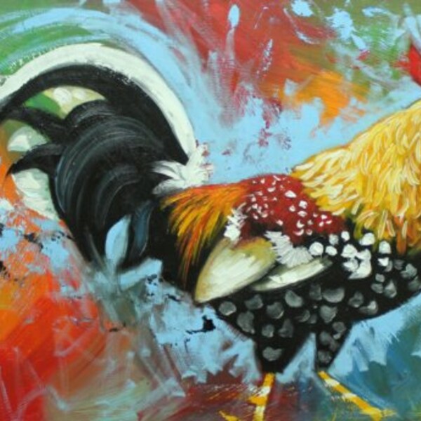 Rooster 799 24x48 inch original animal portrait oil painting by Roz