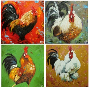 Commission your own four Rooster paintings 12x12 inches each, by Roz image 2