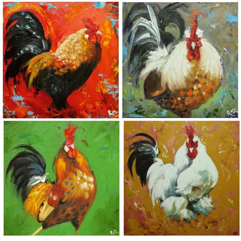 Commission your own four Rooster paintings 12x12 inches each, by Roz image 2