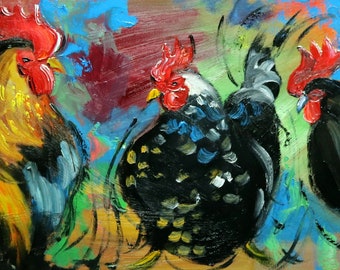 Rooster 1028 12x36 inch animal portrait original oil painting by Roz