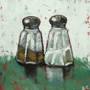 Print of salt and pepper 18 oil painting by Roz 10x10inch