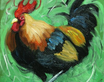 Rooster 1033 - 12x12 inch animal portrait original oil painting by Roz