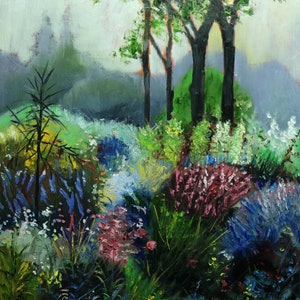 May include: A painting of a forest scene with tall trees and a variety of flowers in shades of blue, pink, and white. The sun is shining through the trees, creating a warm glow.