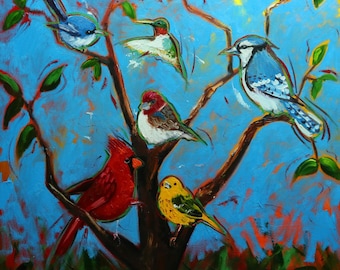 Birds painting 167 30x30 inch original cardinal bluejay birds portrait oil painting by Roz