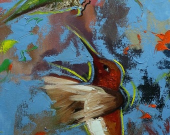 Birds painting 166 12x24 inch original hummingbird portrait oil painting by Roz