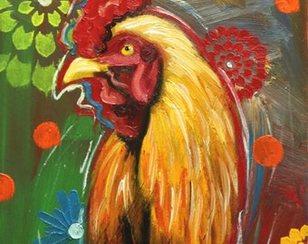 Rooster 1042 12x24 inch animal portrait original oil painting by Roz