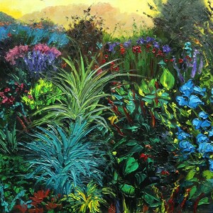 May include: A vibrant oil painting depicting a lush garden scene. The painting features a variety of plants and flowers in shades of green, blue, purple, and red. The background is a soft yellow, suggesting a warm, sunny day.