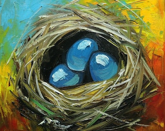 Nest painting 358 12x12 inch original bird nest portrait oil painting by Roz