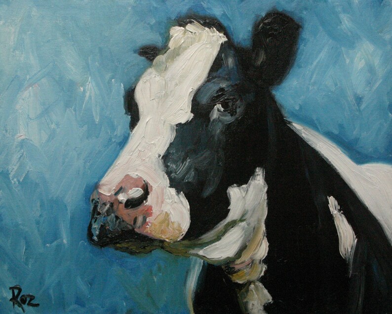 May include: A close-up painting of a black and white cow's head against a blue background. The cow's eye is visible, and the painting is done in a loose, impressionistic style.