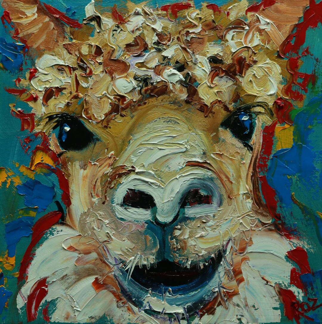 油彩画 アルパカ 油絵 Alpaca Painting 12 12x12 Inch Animal Original Oil Painting by Roz
