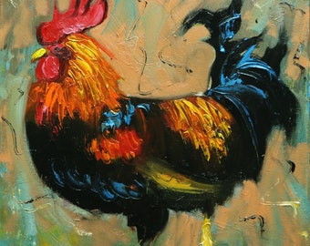 Rooster 1029 12x12 inch animal portrait original oil painting by Roz