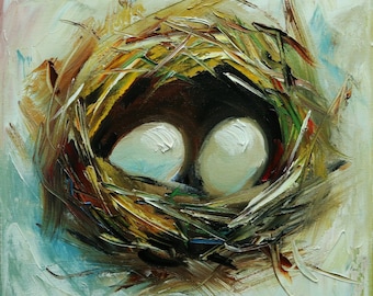 Nest painting 356 12x12 inch original bird nest portrait oil painting by Roz