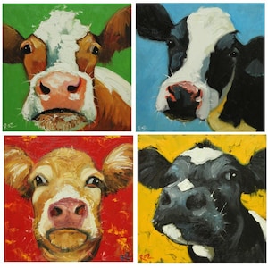 Commission your own four Cow paintings 12x12 inches each, by Roz image 1