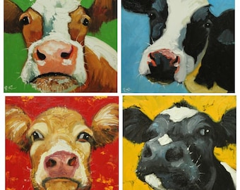 Commission your own four Cow paintings 12x12 inches each, by Roz