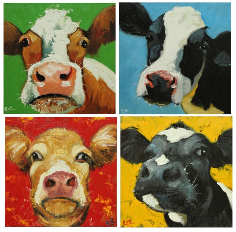 Commission your own four Cow paintings 12x12 inches each, by Roz image 1