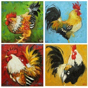 Commission your own four Rooster paintings 12x12 inches each, by Roz image 1
