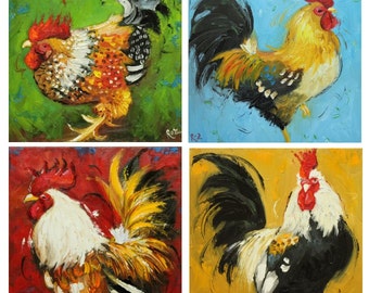 Commission your own four Rooster paintings 12x12 inches each, by Roz