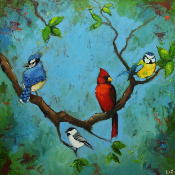 Birds painting 110 30x30 inch original cardinal bluejay birds portrait oil painting by Roz