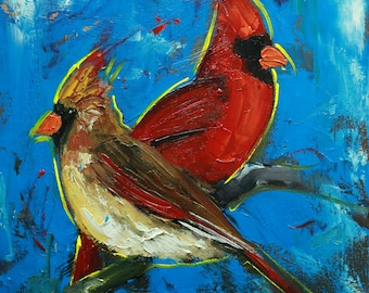 Cardinals 10 14x14 inch original cardinal birds portrait oil painting by Roz