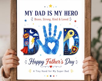 My Dad Is My Hero Handprint Art Printable, Superhero Dad Father’s Day Gift from Kids, Toddler DIY Keepsake Template