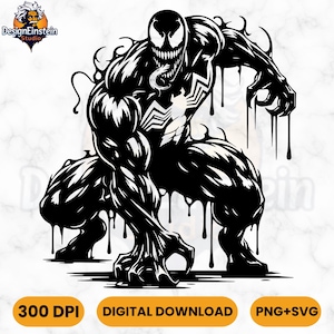 May include: A black and white digital illustration of the Venom character, a comic book antihero, in a crouching pose. The image includes the DesignEinstein Studio logo and text indicating a digital download with 300 DPI, PNG+SVG file formats.