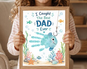 Caught the Best Dad Handprint Art Printable, Dad Fishing Gift from Kids, Toddler DIY Craft Keepsake Template, Last Minute Gift for Dad