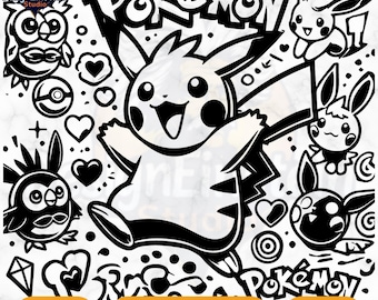 May include: Black and white digital illustration of Pokemon characters, including Pikachu, Eevee, and others. The image features a cartoon style with hearts, stars, and other decorative elements. The text "Pokemon" appears twice in the image.