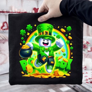Desenho PNG para o Dia de São Patrício, Camiseta Gamer com Leprechaun da Sorte, Estampa Infantil de Trevo e Arco-Íris para Roblox, Download Instantâneo