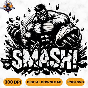 May include: Black and white illustration of the Hulk smashing through a wall with the word "SMASH!" in bold letters.