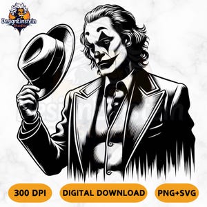 Puede incluir: Ilustración digital en blanco y negro de un personaje con traje sosteniendo un sombrero. El personaje tiene pintura facial blanca y maquillaje oscuro alrededor de los ojos y la boca. La imagen incluye el texto "300 DPI", "DESCARGA DIGITAL" y "PNG+SVG".