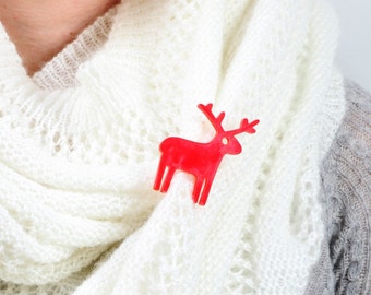 Red Reindeer Brooch, Plexiglass Jewelry, Lasercut Acrylic, Gifts Under 25