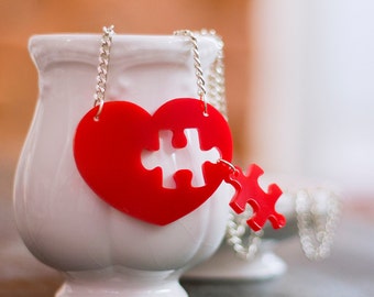 Puzzle Heart Necklace,Plexiglass Necklace ,Lasercut Acrylic,Gifts Under 25