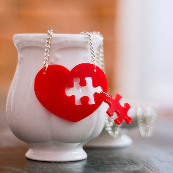 Puzzle Heart Necklace,Plexiglass Necklace ,Lasercut Acrylic,Gifts Under 25