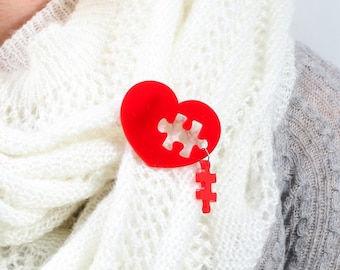 Puzzle Heart Brooch, Plexiglass Pin, Lasercut Acrylic, Gifts Under 25