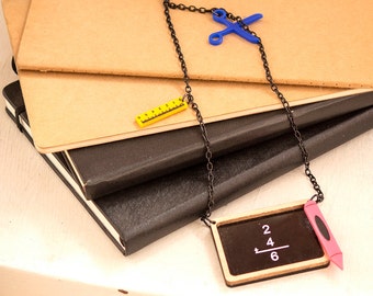 Laser cut Acrylic Back to School Necklace with blackboard, scissors and ruler charms , Gifts For Daughter